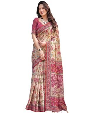SIRIL Women's Cotton Linen Printed Handloom Saree with Unstitched Blouse Piece
